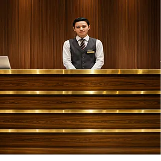 Concierge standing behind a polished gold and wood reception desk